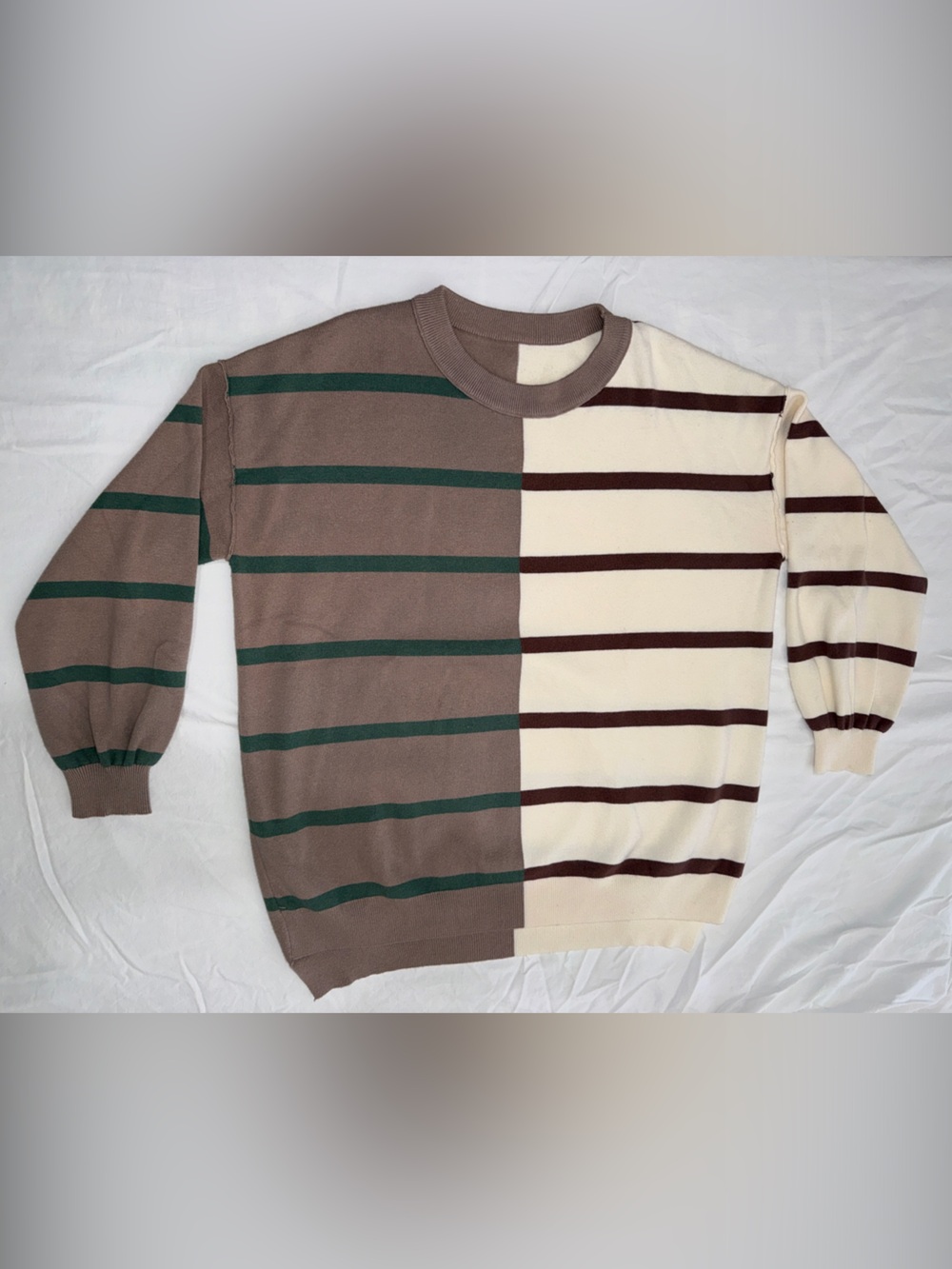 Crewneck Striped Colorblock Sweater - Cream, Brown & Green